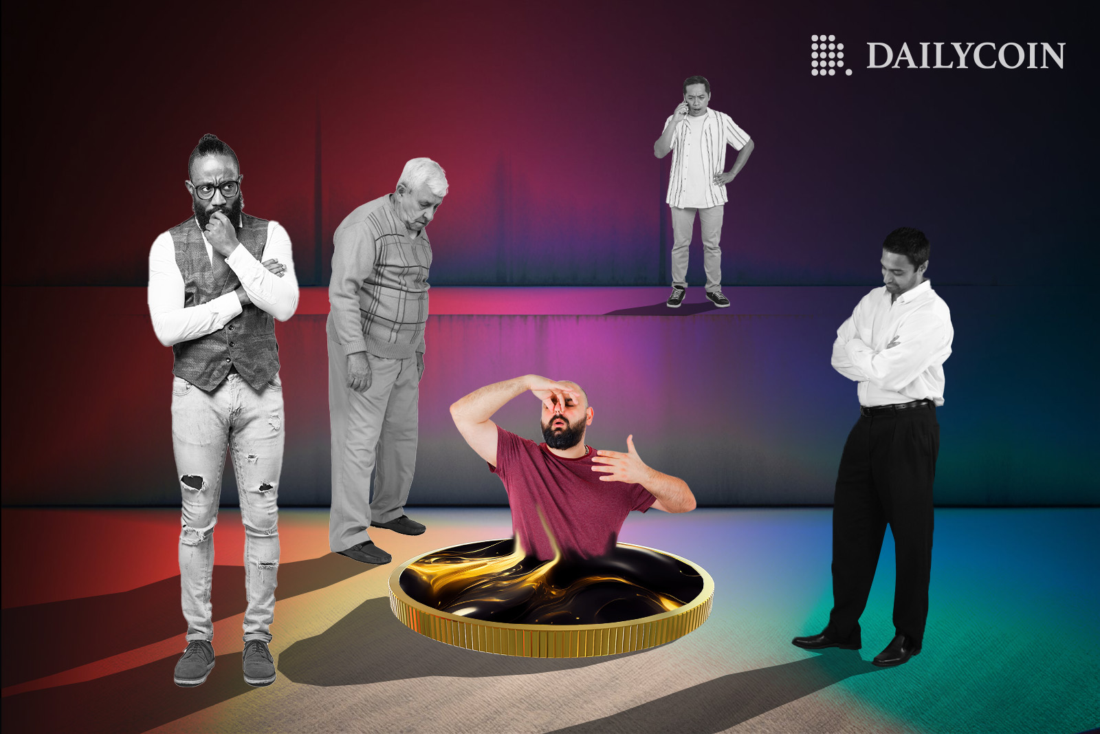 Multiple men stand around a man who holds his nose about to submerge into a crypto coin. 