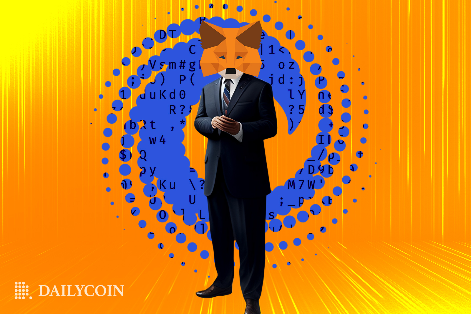 The MetaMask fox mascot in a suit standing in orange background ready to code.