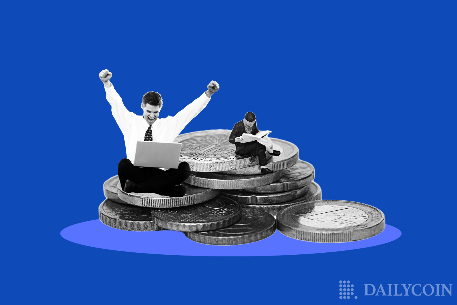 Business men celebrating on a bunch of giant crypto coins.