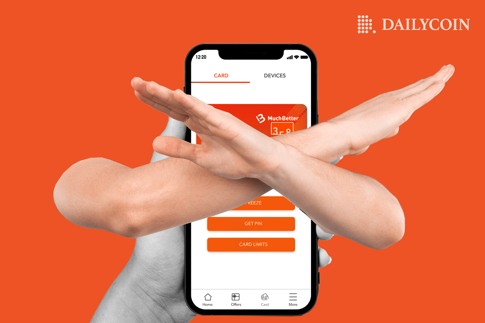 Hands crossed covering mobile phone with MuchBetter app opened.