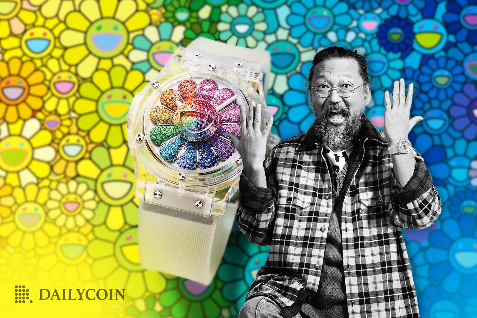 Takashi Murakami in front of Murakami X Hublot Watch collaboration.