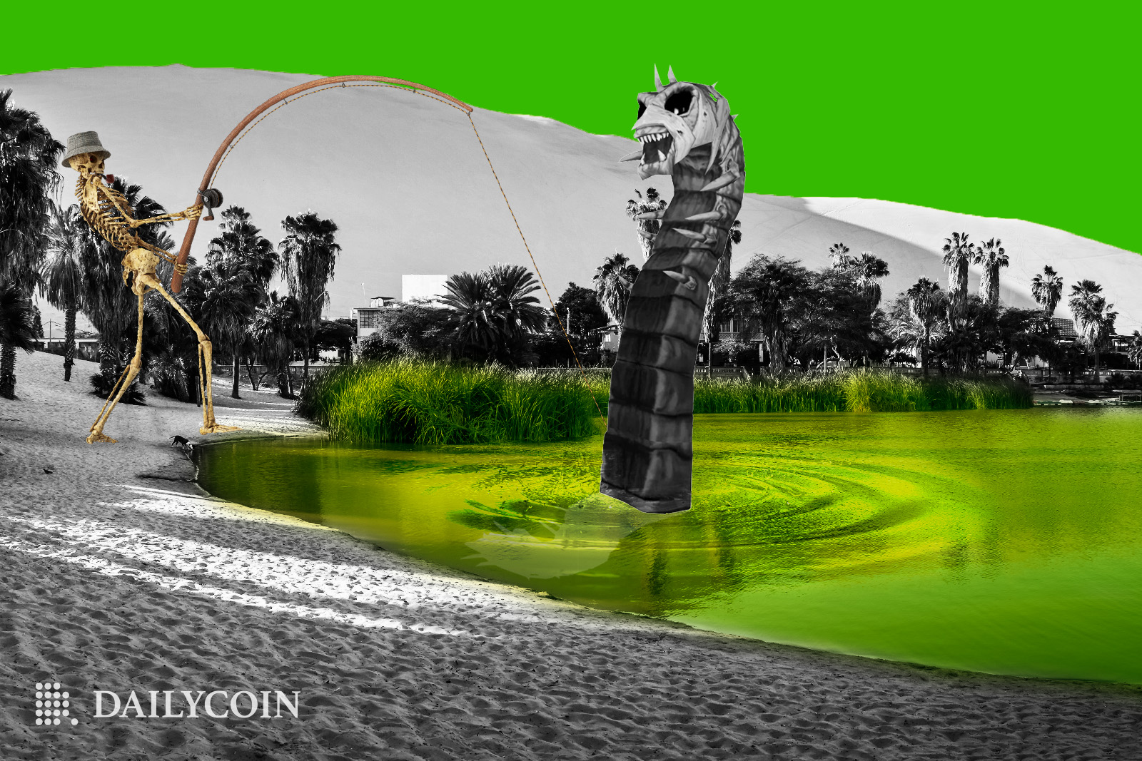 A skeleton fishing a sandworm out of a green lake.