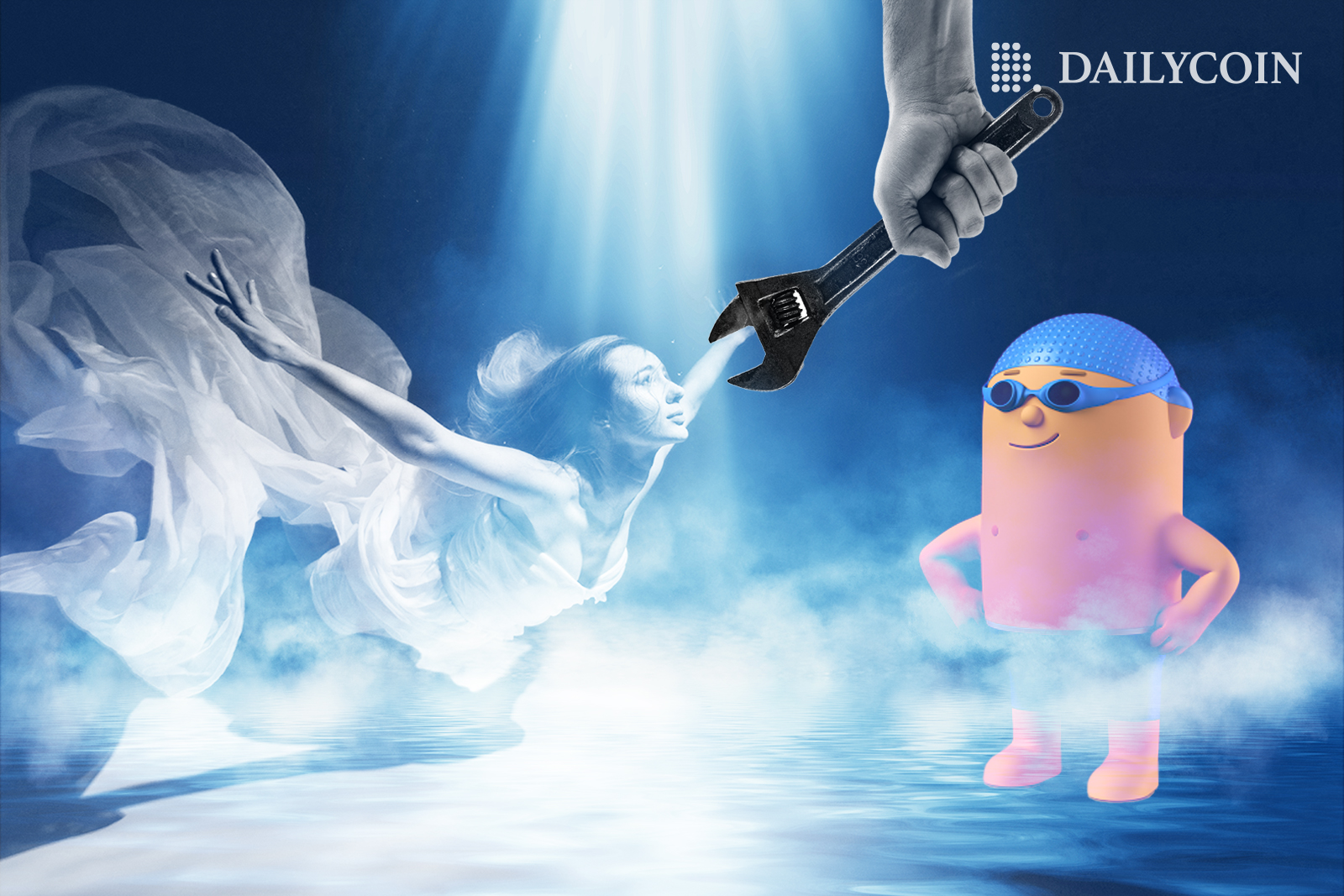 A woman swimming towards toolkit next to nft character.