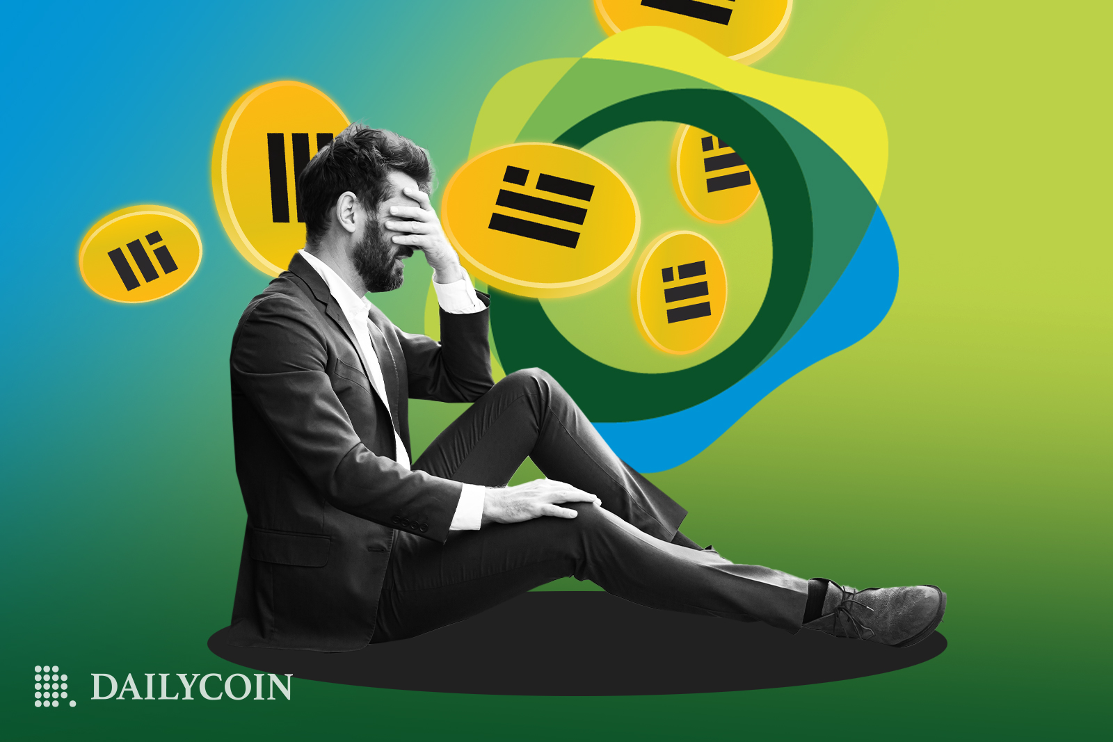 Man sitting disappointed surrounded by BUSD tokens.
