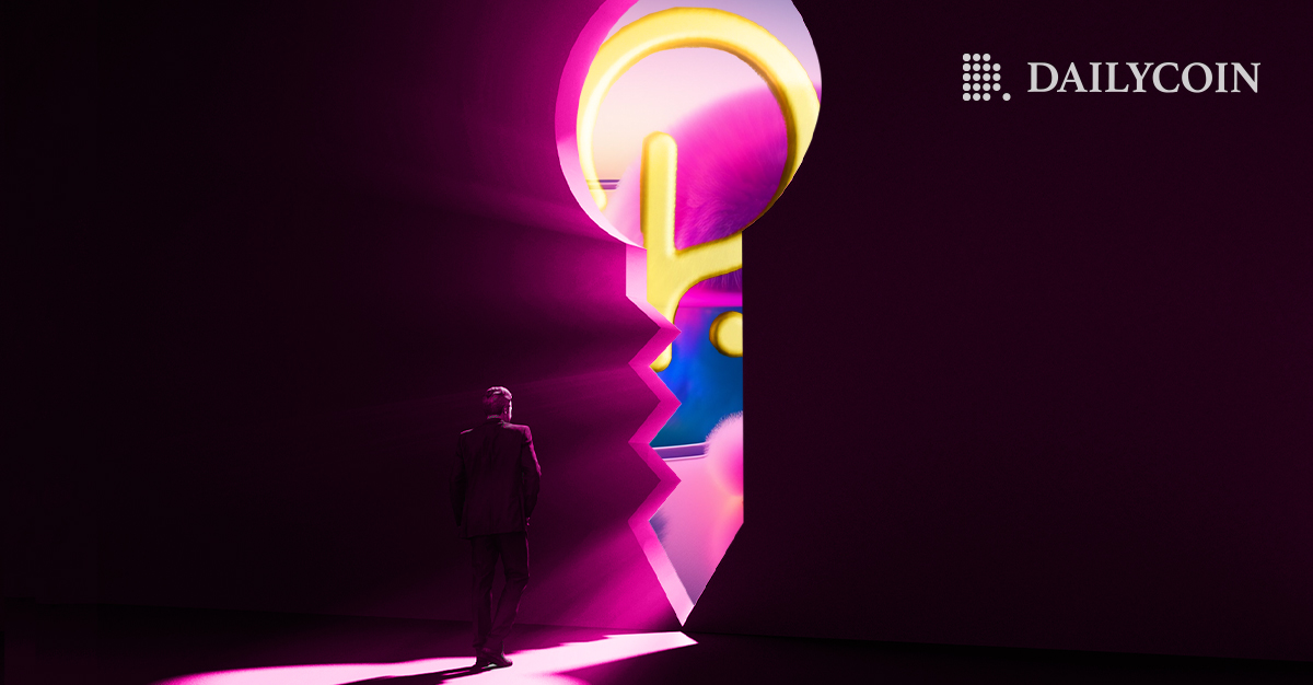 Man staring through a giant keyole at a Polkadot.