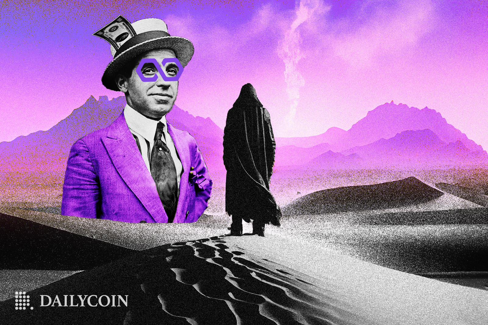A man in a pink suit wearing a hat is looking at another man walking through the desert with Polygon logo on his face.