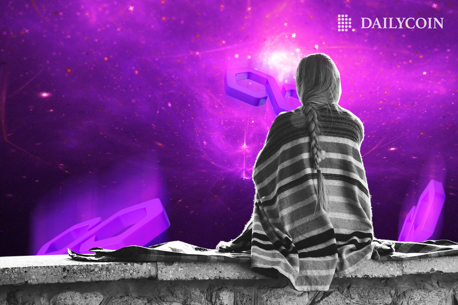 A girl with a blanket around her sits on an edge looking at Polygon logo floating around. 