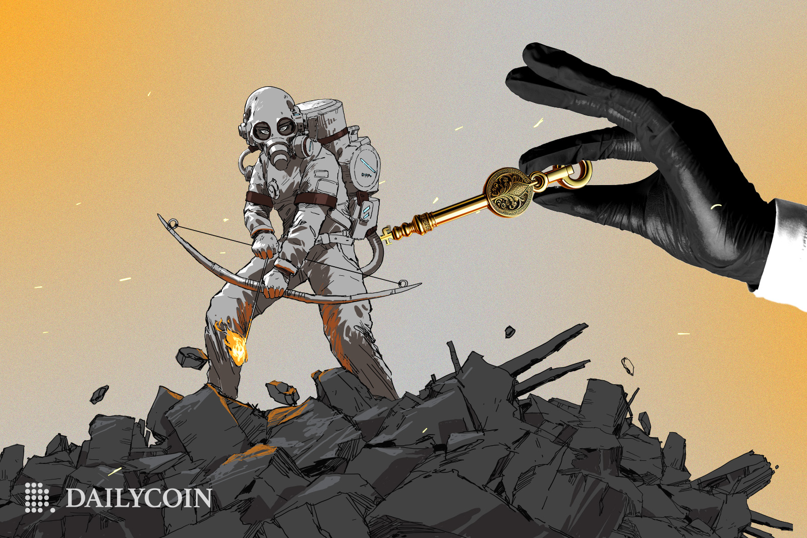 A hand offering a key to a man holding a bow.