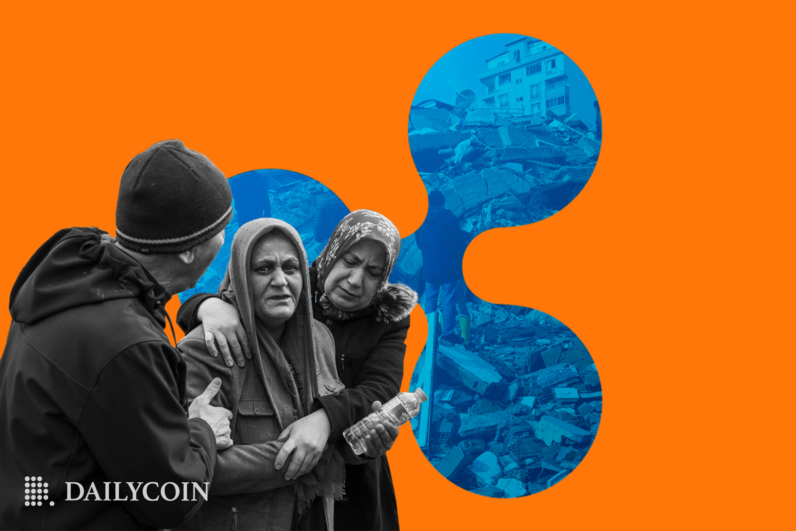 People Grieving because of the earthquakes in Turkey and Syria with the destroyed buildings visible within the Ripple logo