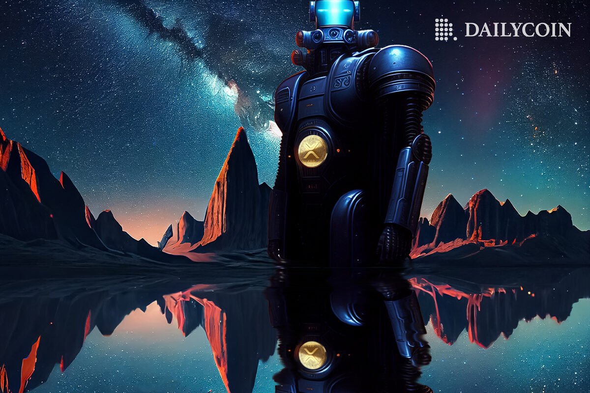 Giant robot standing in the foreground of mountains with the XRP Token slotted into its mid-section.
