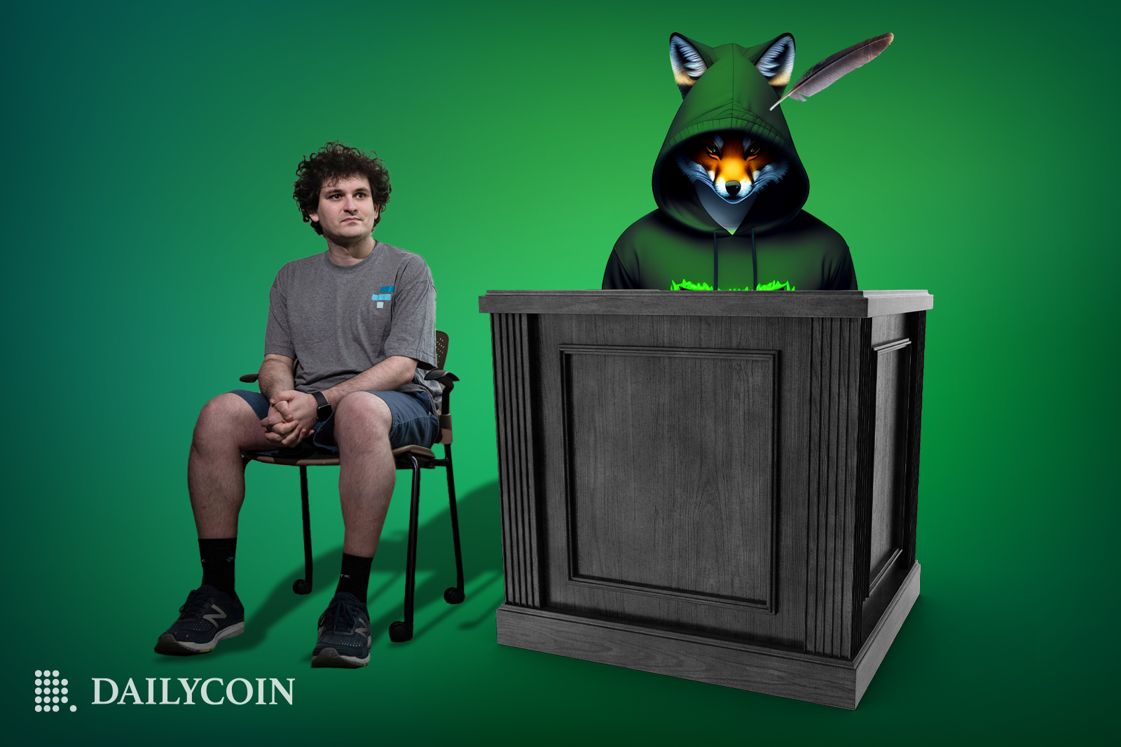 Sam Bankman-Fried sitting on a chair next to a fox in a hoddie
