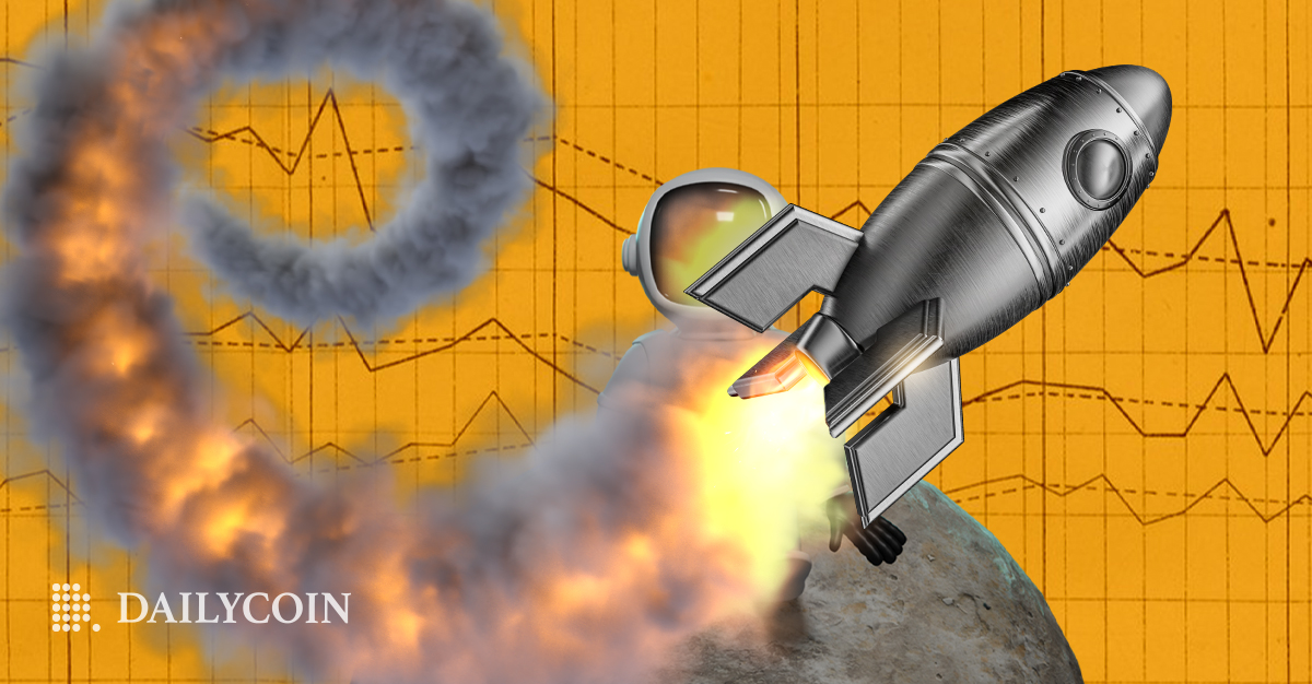 Rocket flying away on a a graph background.
