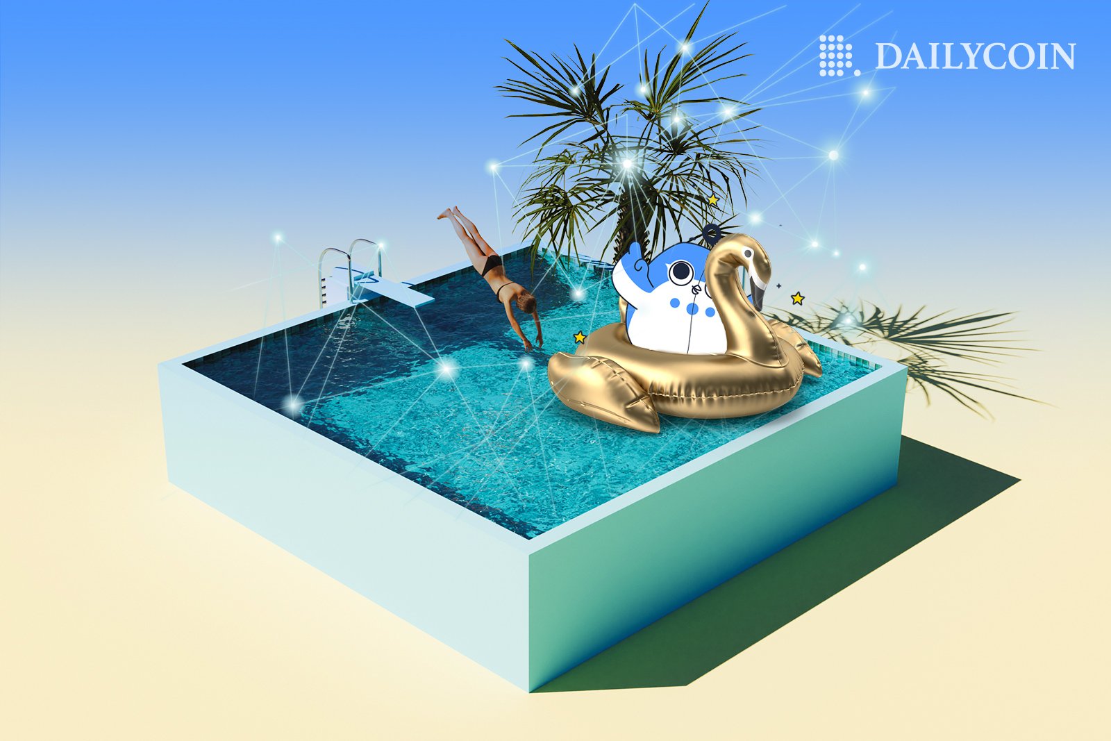 Ronin on a golden flaming swimming in a square pool