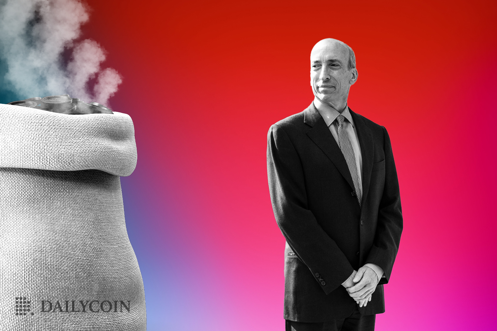 SEC Chair Gary Gensler standing next to what is apparently a steaming bag of excrement.
