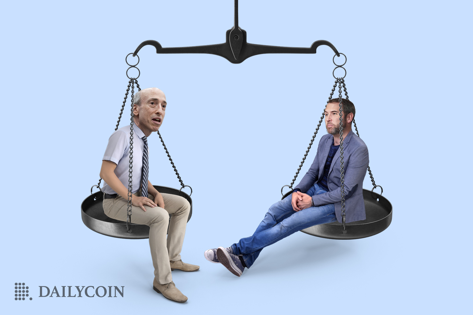 Gary Gansler and Brad Garlinghouse sitting on scales.