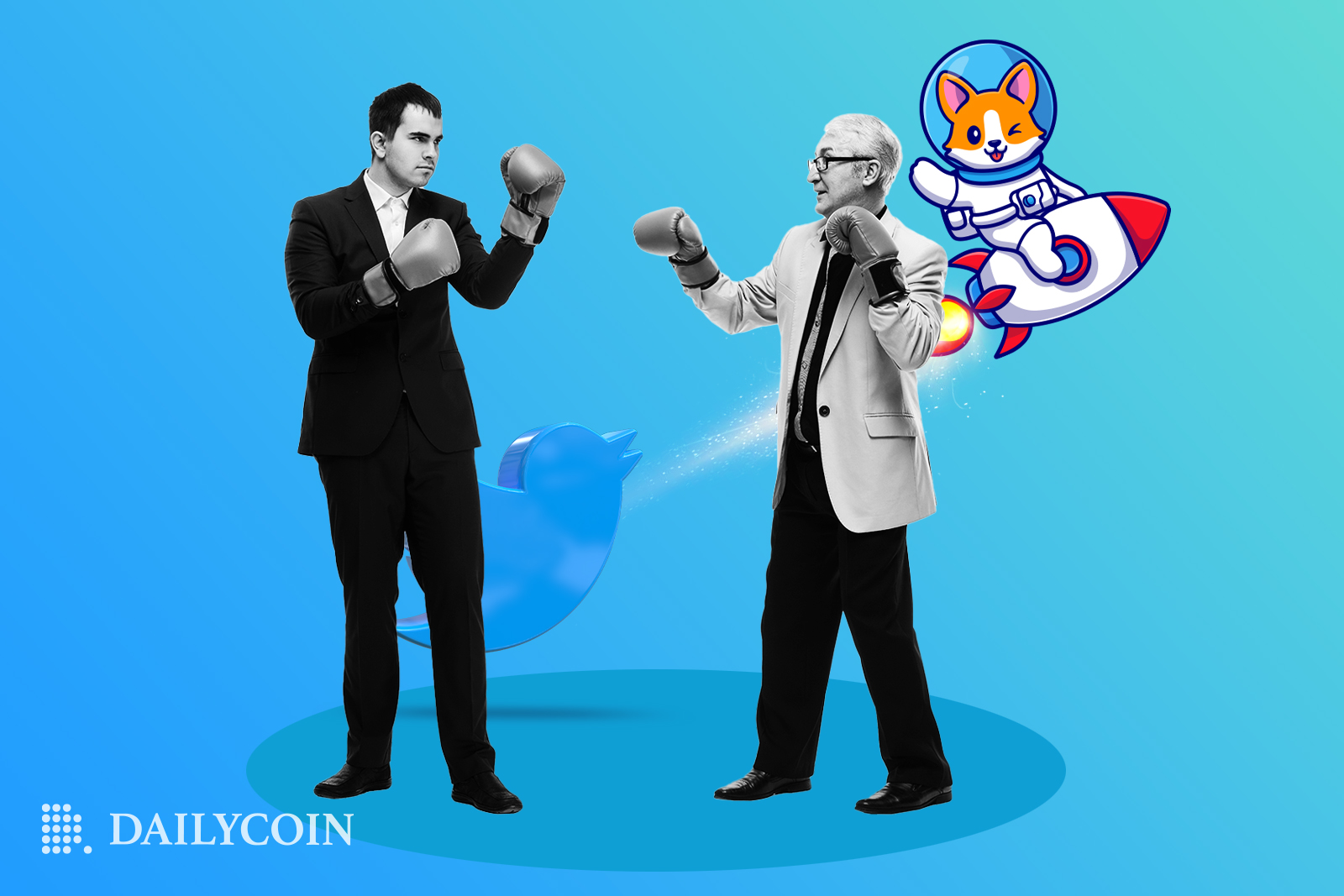 Two Shiba Inu fans with box gloves ready to fight it out, as Shiba Inu cartoon dog in a space costume is flying off to the moon.