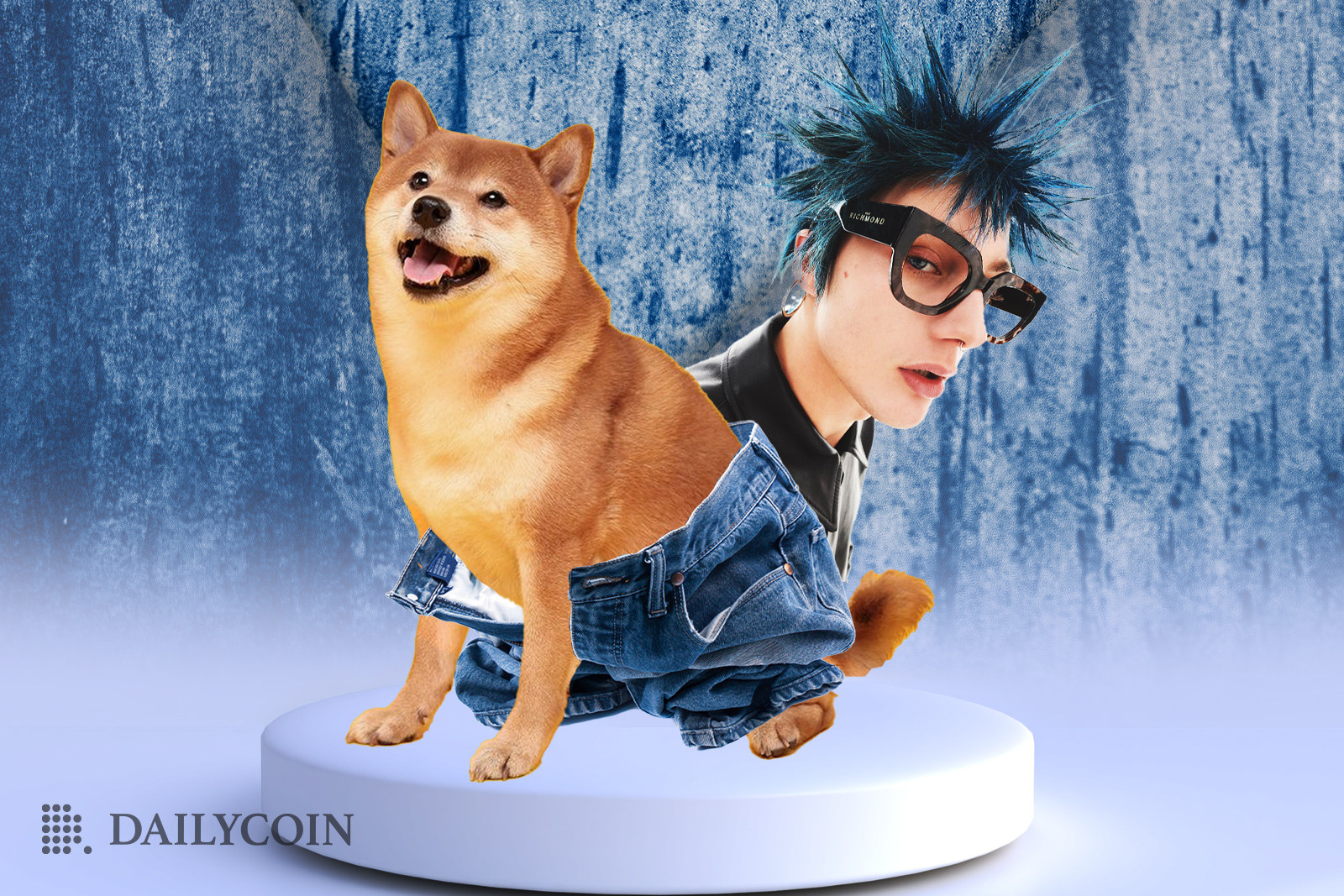Shiba Inu dressed in jeans next to a designer John Richmond.