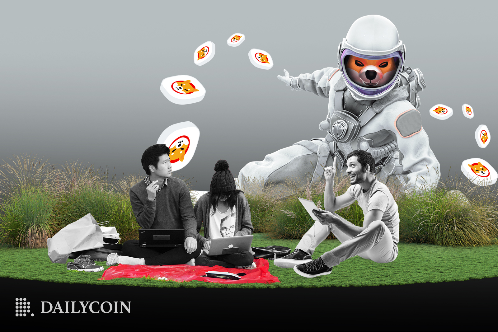 Three students are studying on the grass, as one of them points to a big animated Shiba Inu dog in a space suit throwing around large Shiba Inu coins.