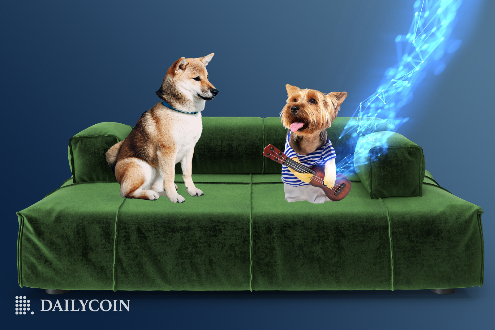 Two dogs sitting on a green sofa as small dog plays the guitar singing about Shibarium while Shiba Inu eagerly listens.