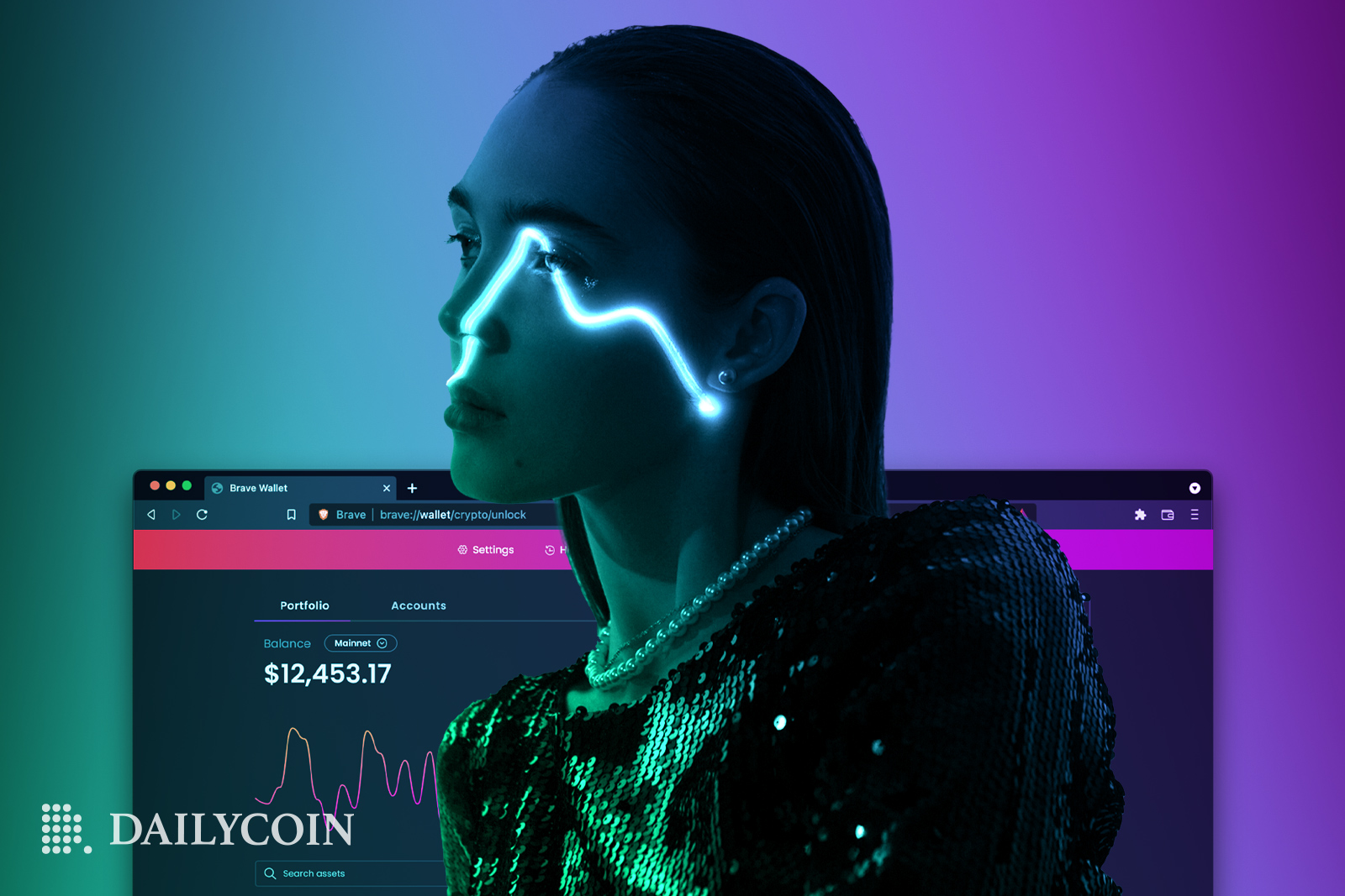 Woman with neon chart across her face and Brave browser in the background.