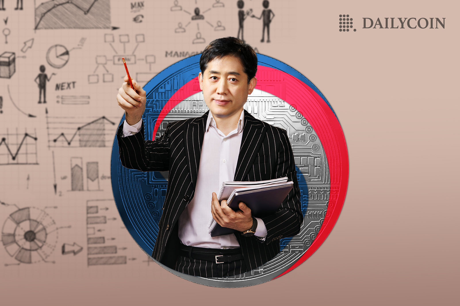 A man with a file and a pen pointing towards a direction