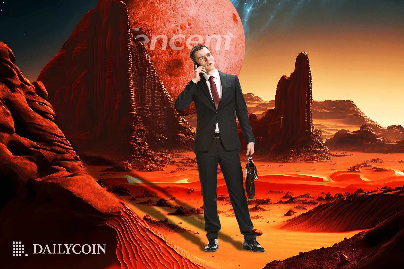 Man in suit answering a call in the Huawei Metaverse.