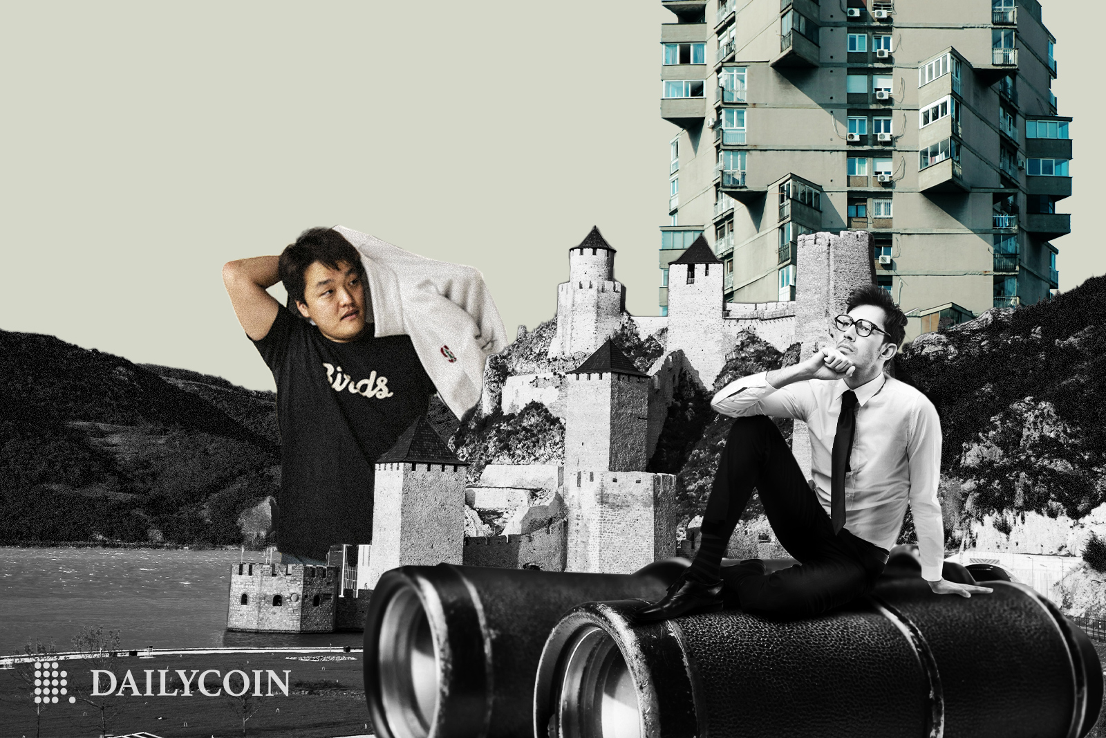 Terra Luna Founder Do Kwon is hiding out near Serbian block buildings, as a detective is sitting on binoculars and looking for Kwon.