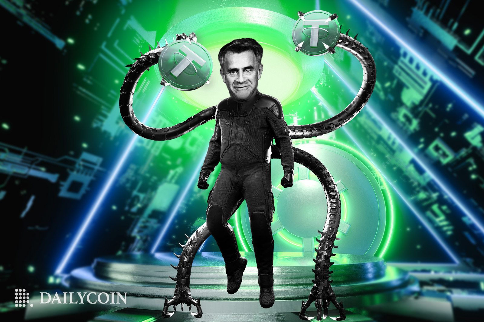 Christopher Harborne with robotic arms holding Tether coins.