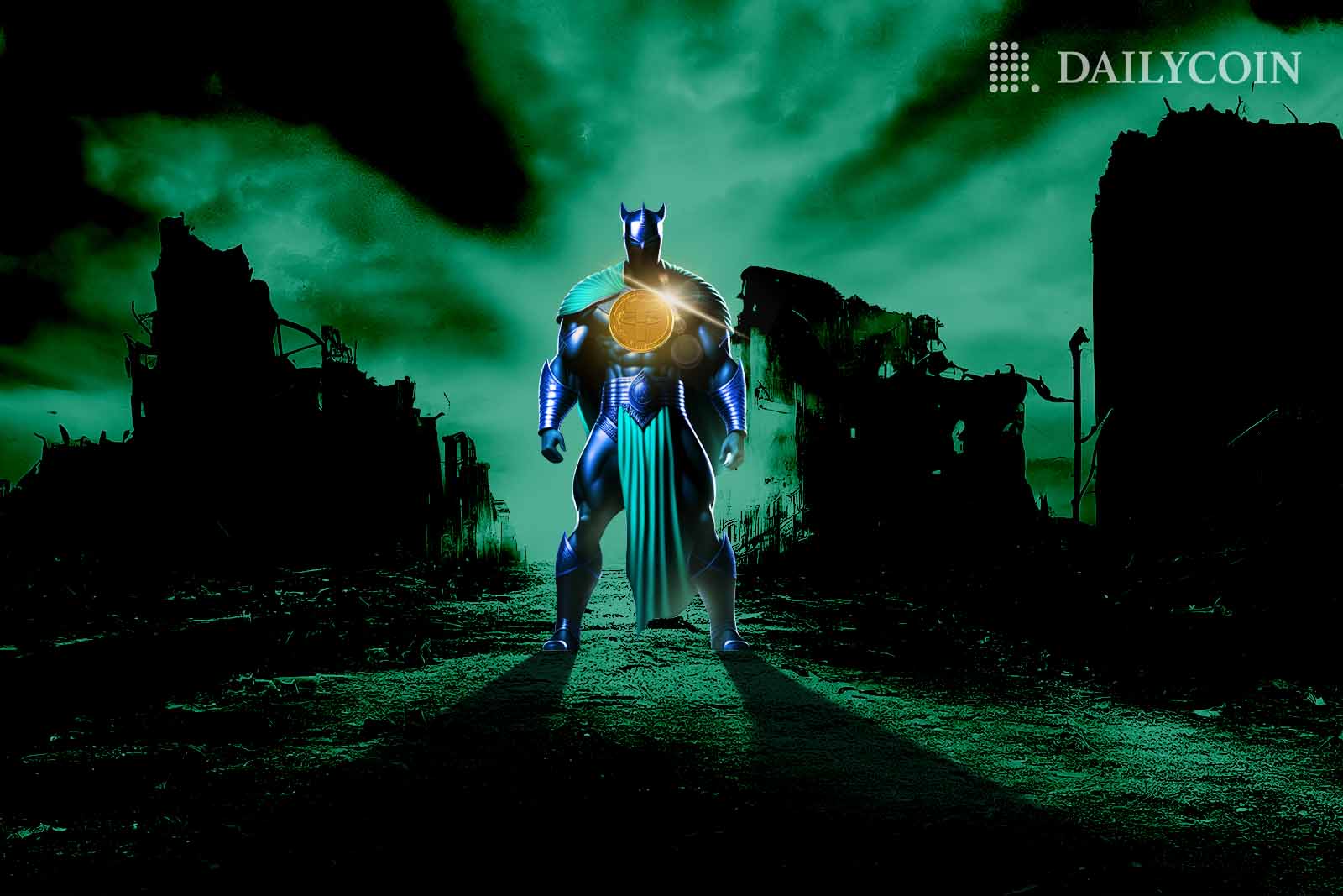 A hero standing at the destroyed city with Tether token on his chest.