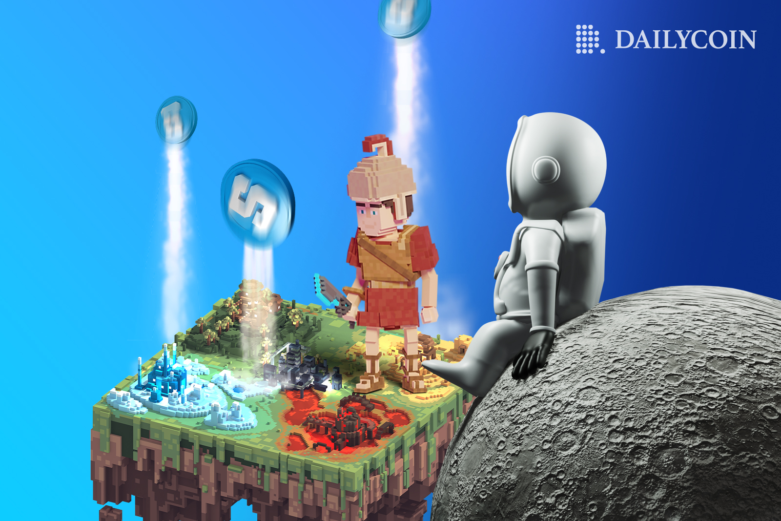 The Sandbox voxels on The Sandbox LAND next to an astronaut on the moon.