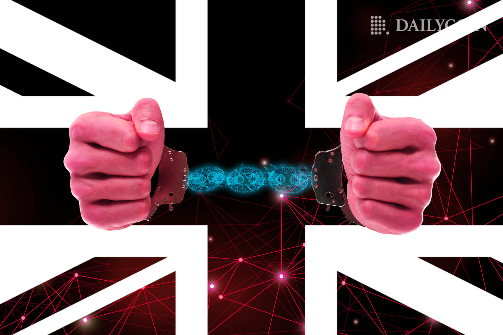 Human handcuffed behind a UK flag.