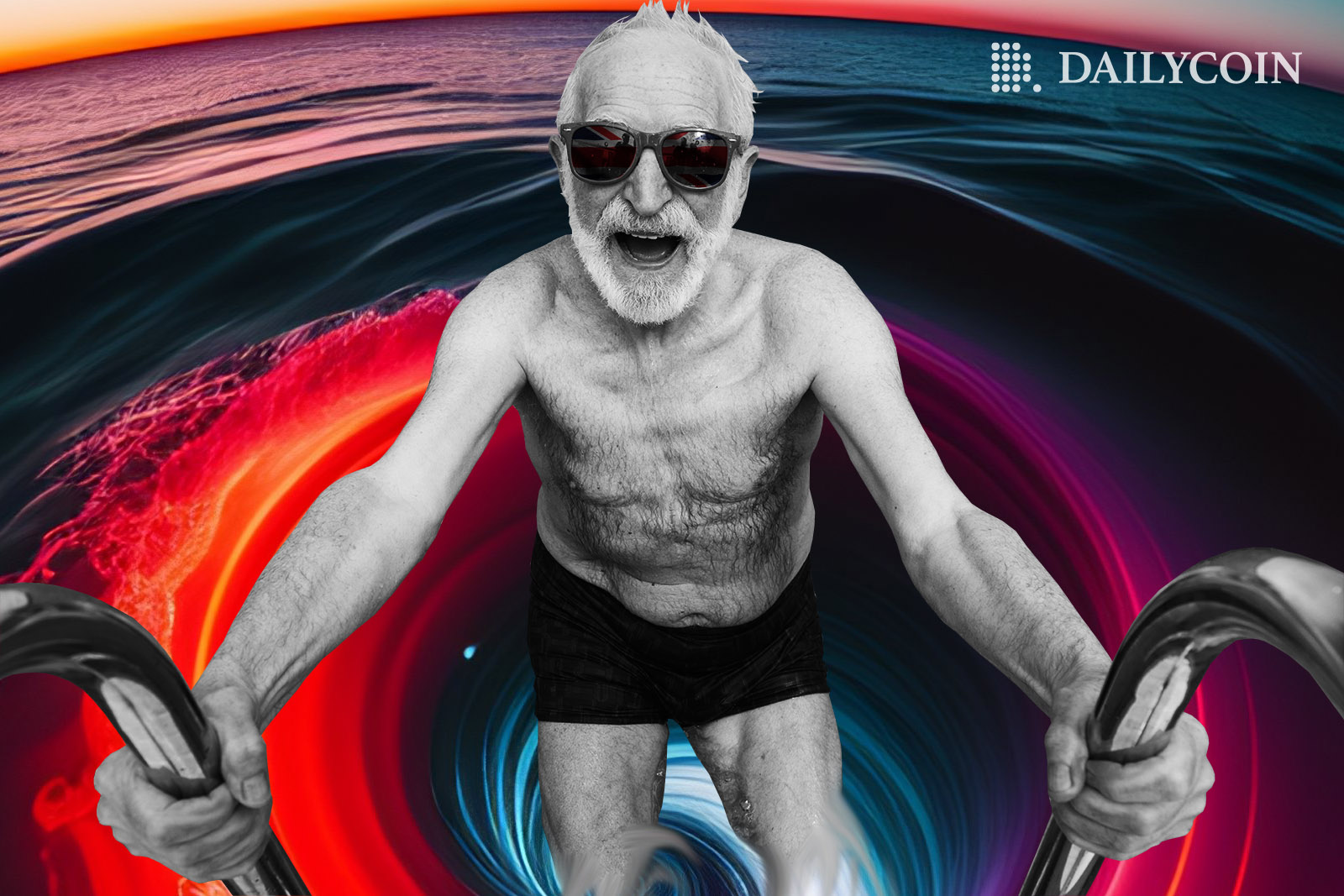 Jeremy Corbyn climbing out of a body of water