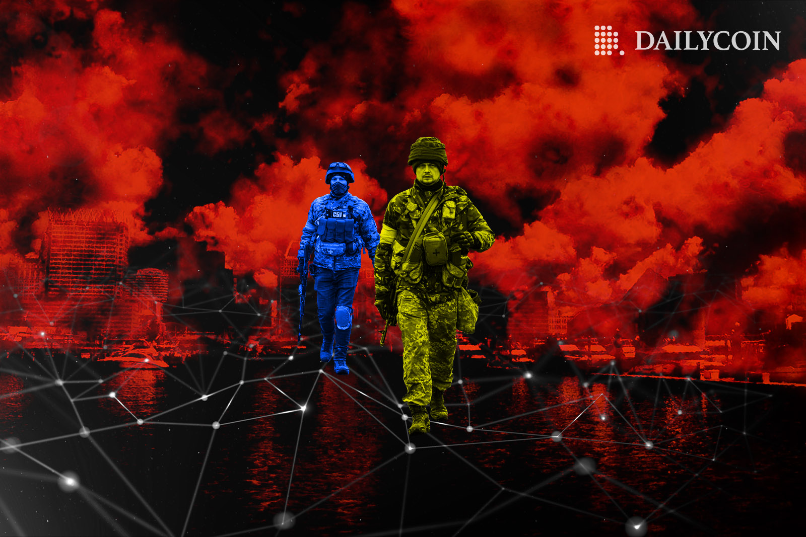 Soldiers running away from red smoke.