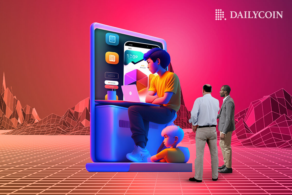 A giant man working on his computer in metaverse while two man watch.