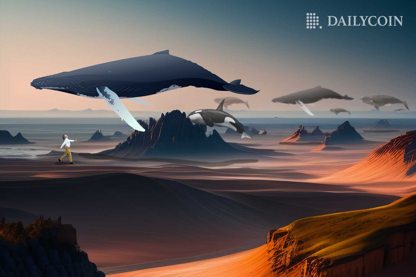 Pi Coin whales article visuals shows whales floating in the air above the valleys and mountains