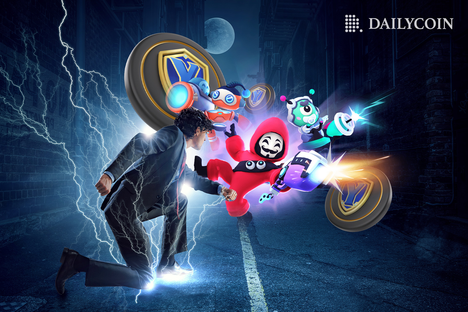 Thetan Arena characters in front of a Yield Guild Games esports player