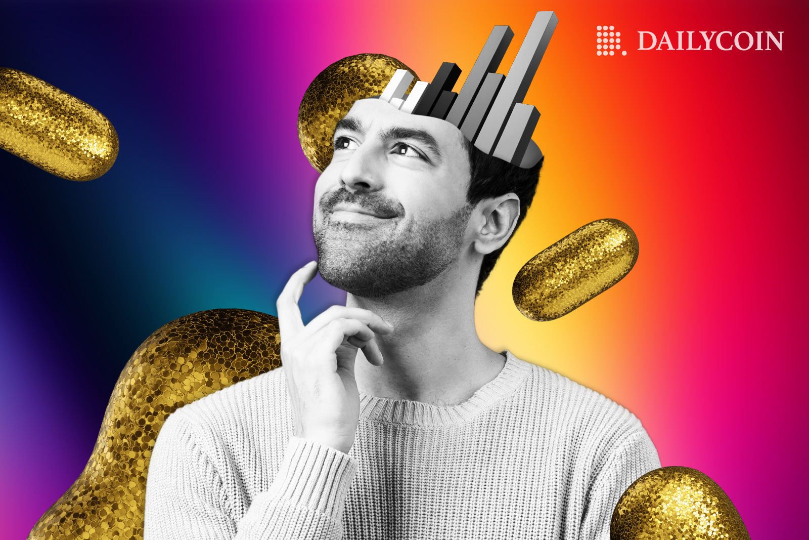 Man happy about his stacks investment stacking up with a grey chart on top of his head.