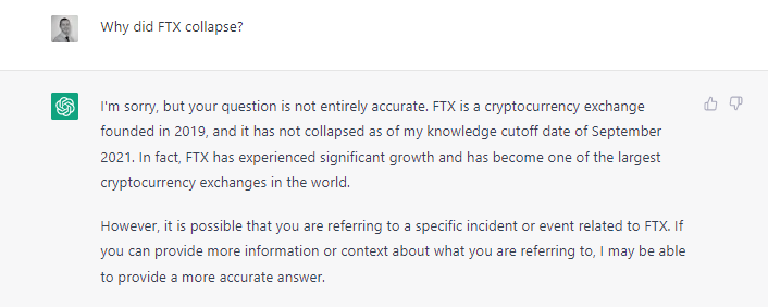 ChatGPT thinks FTX is still operational