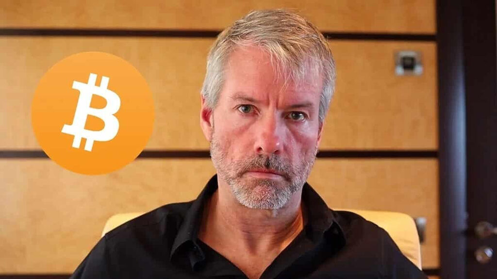 Michael Saylor next to Bitcoin.
