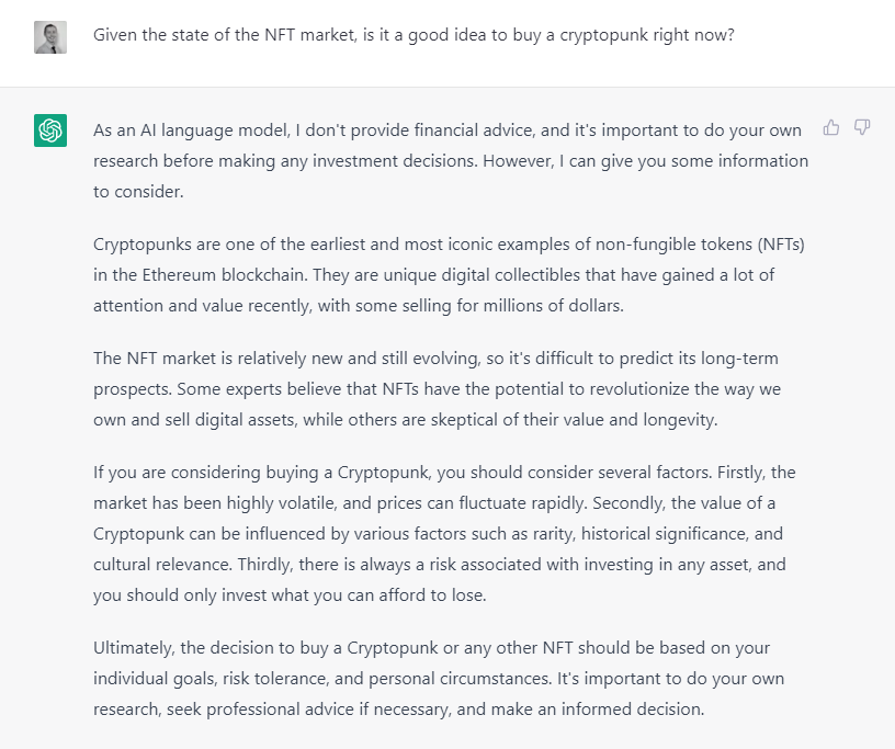 ChatGPT gives NFT advice