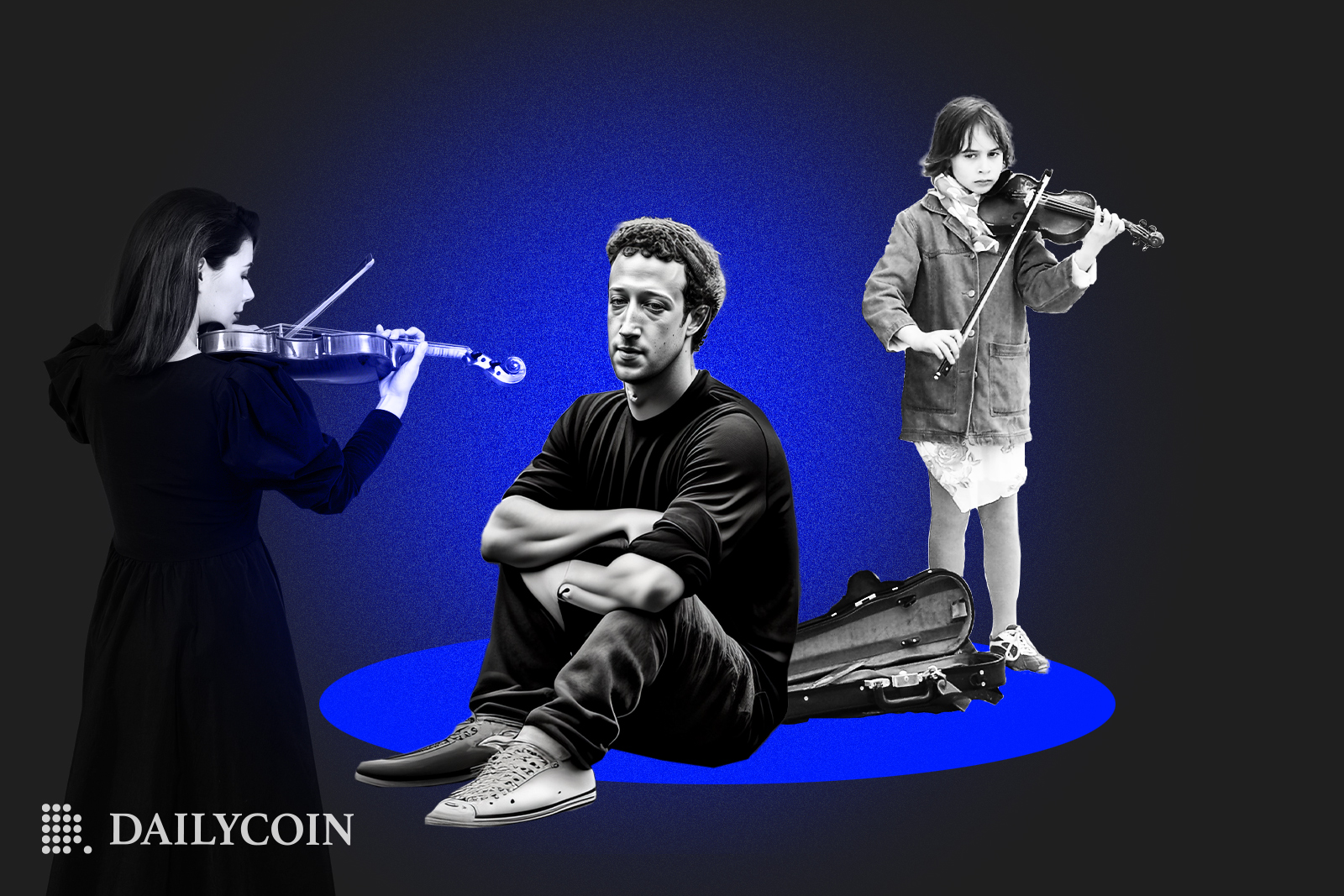 Mark Zuckerberg sitting on the floor while two women play the violin next to him.