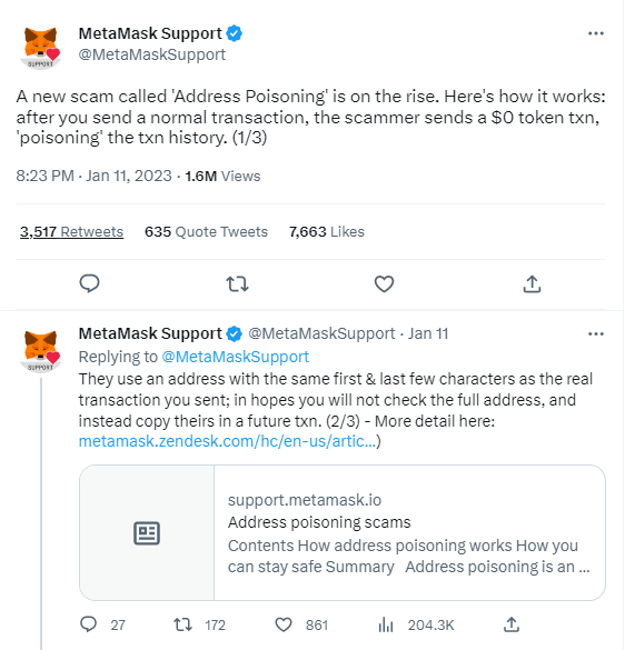 MetaMask tweet warning about address poisoning