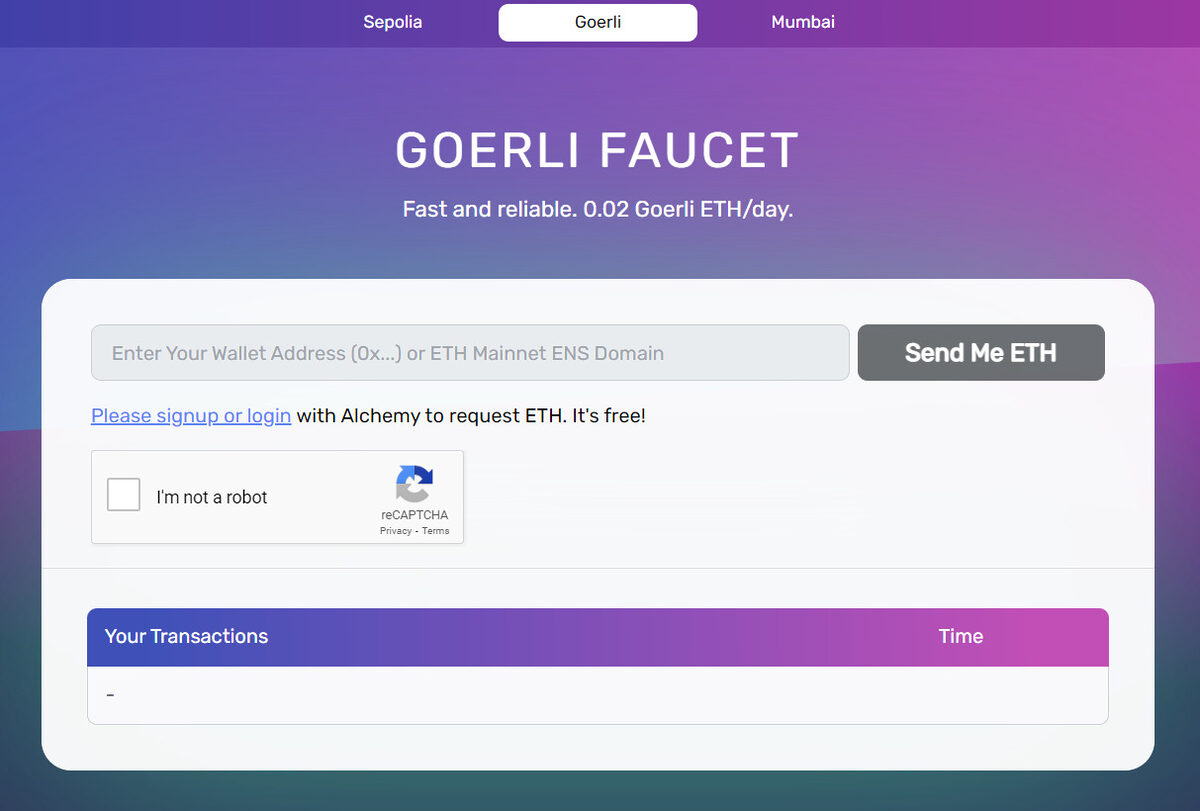 Alchemy crypto faucet screenshot
