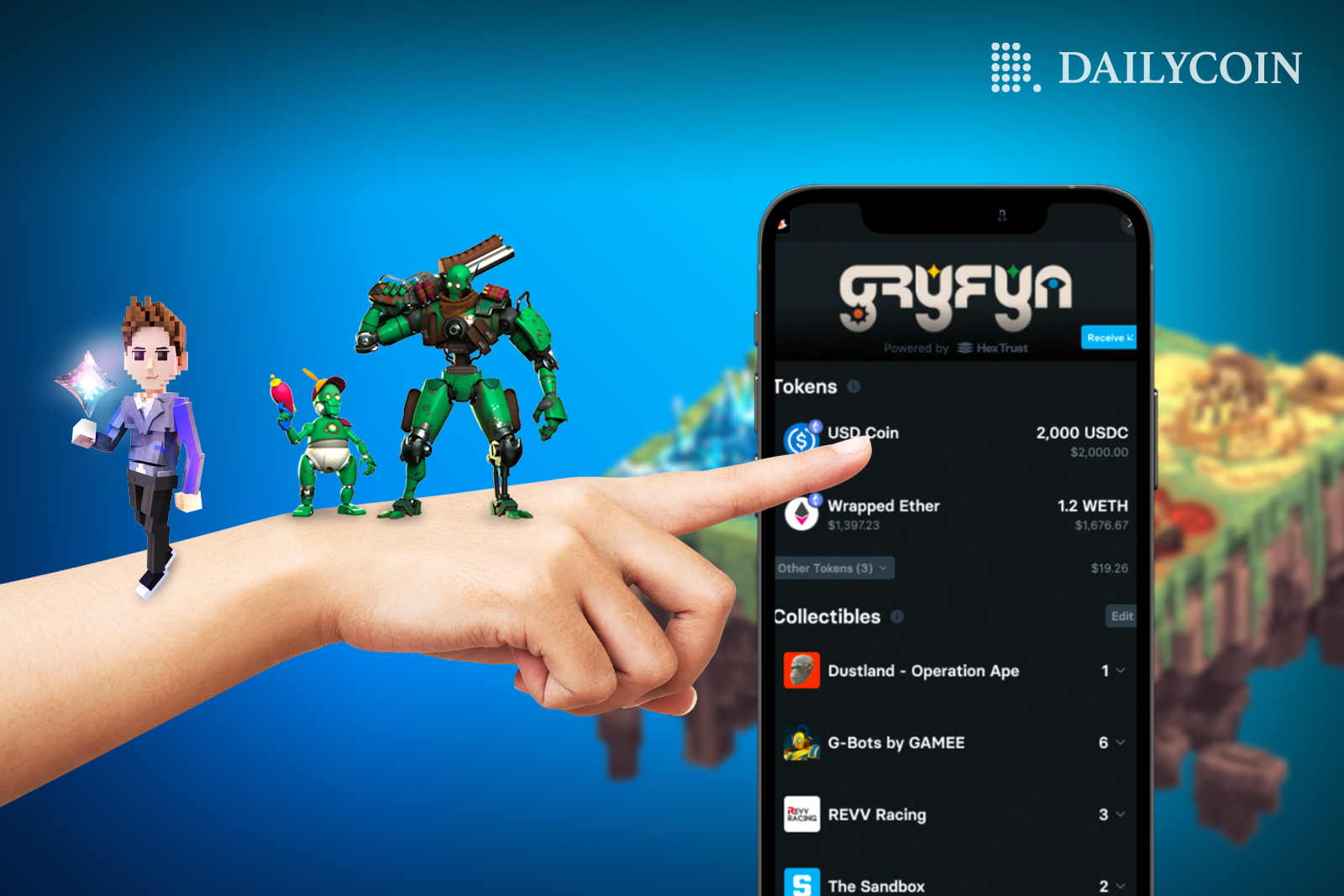 Human hand with NFTs standing on top of it pointing at a Gryfin app opened in phone.