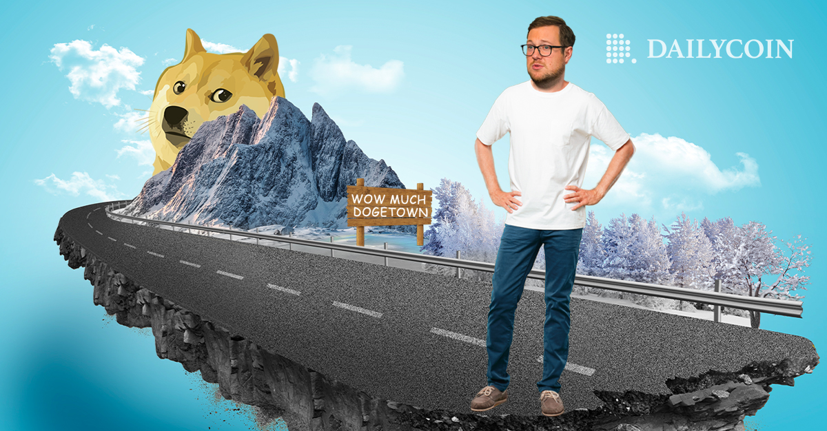 Billy Markus standing in the middle of the road on a floating island next to a doge hiding behind a mountain.