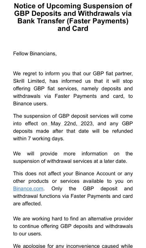 Binance letter of notice of upcoming suspension of GBP deposits and withdrawals.