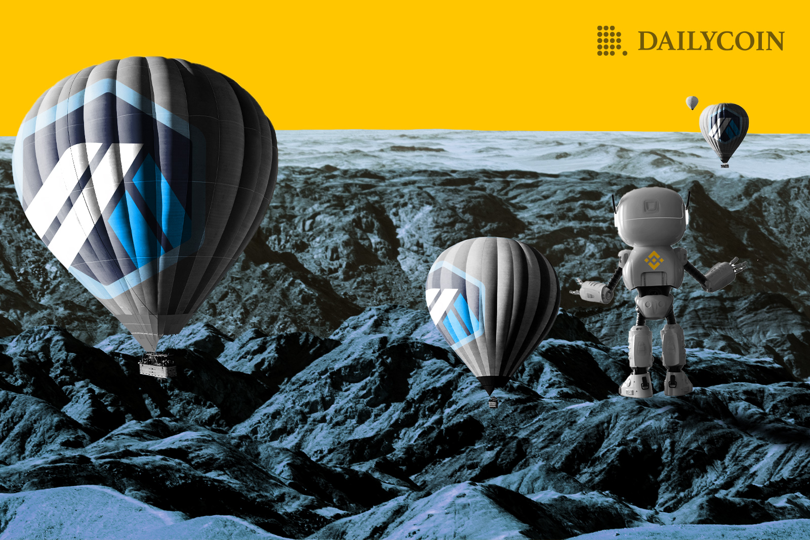 Hot air balloon with Arbitrum logo flying over mountains.