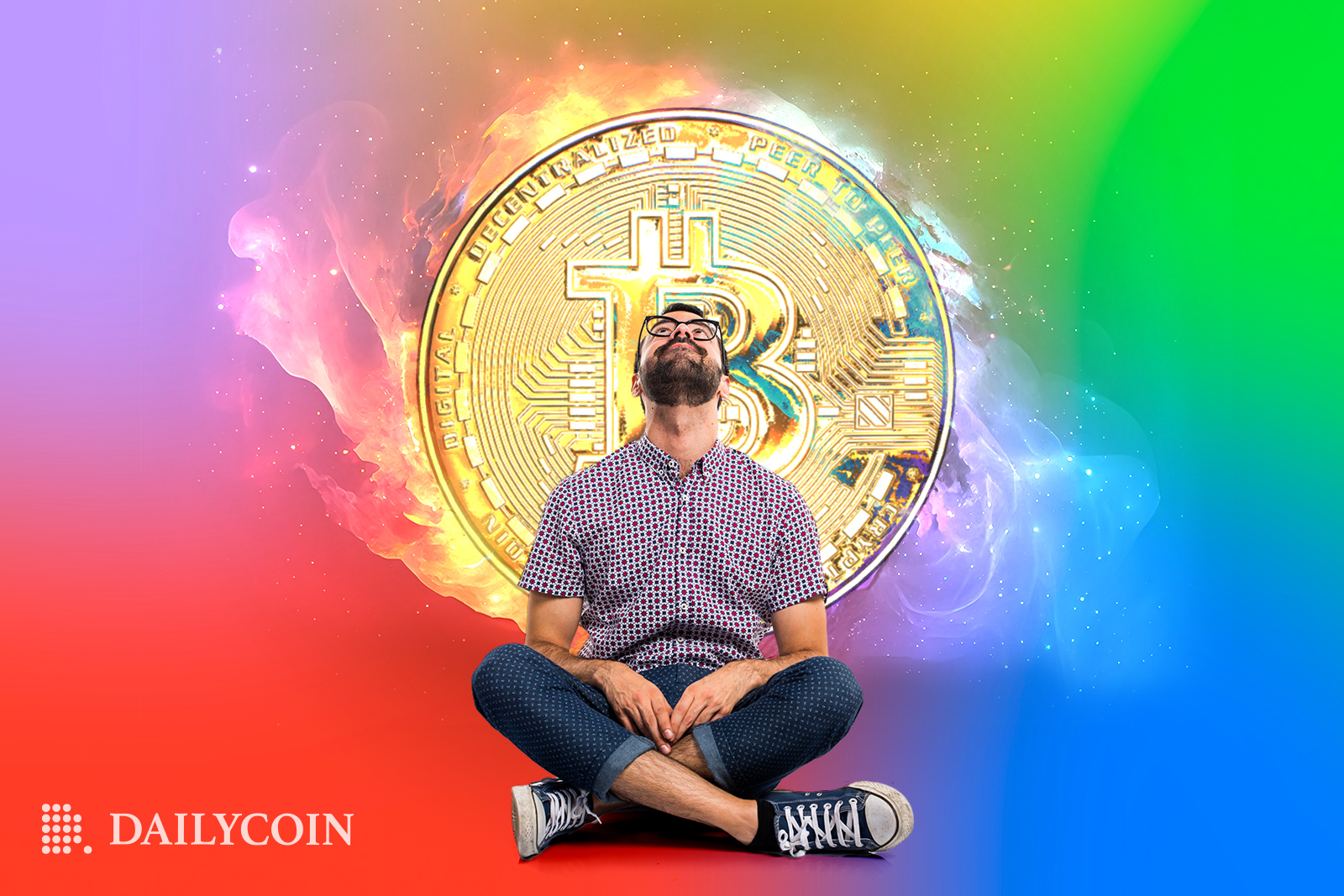 Man sitting cross legged looking up, with a giant Bitcoin behind him surrounded by a rainbow coloured background.