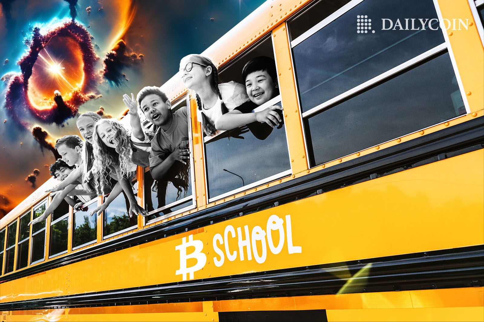 Happy kids are looking to the school bus windows, on the way to the Bitcoin educational program in El Salvador.