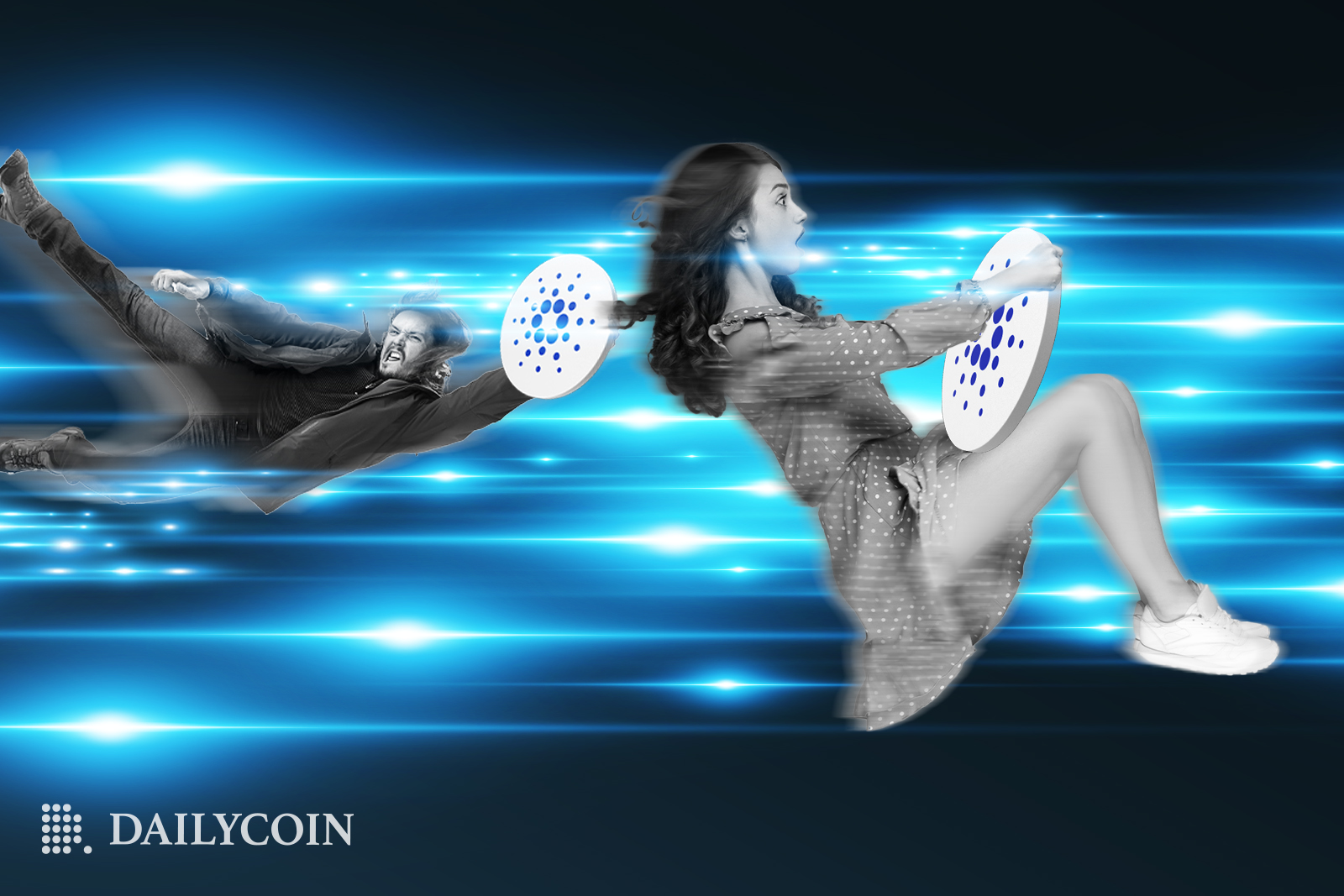 Two floating people use Cardano ADA token as a steering wheel.